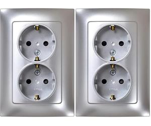SIMON - Enchufe Doble de Empotrar Schuko, Serie Simon 10, 250V, 16 A, Enchufe de Pared Plano y Fino, Fácil de Instalar, Incluye Marco, Tapa y Mecanismo, Base de Enchufe Hembra Color Aluminio,8,4x12cm