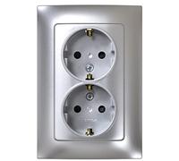 SIMON - Enchufe Doble de Empotrar Schuko, Serie Simon 10, 250V, 16 A, Enchufe de Pared Plano y Fino, Fácil de Instalar, Incluye Marco, Tapa y Mecanismo, Base de Enchufe Hembra Color Aluminio,8,4x12cm