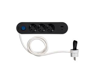 SIMON - Enchufe Múltiple, Regleta de Enchufe Plano, Ladrón Enchufes con Interruptor, Ordenacables, 3 Tomas + 2USB, Quickcharge, Cable 1,4m, Clavija Extraplana, Color Blanco y Negro