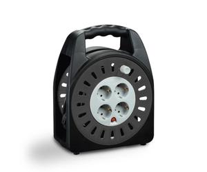 SIMON - Enrollacables Doméstico, Alargador Enchufe 15 Metros, 4 Tomas con Asa de Transporte, Protección Sobretensiones, Alargadera, Apto Interiores (IP20), Enchufe Extensible, Color Negro y Gris