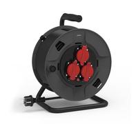SIMON - Enrollacables Profesional, Alargador Enchufe 40 Metros, 3 Tomas con Asa de Bobinado, Protección Sobretensiones, Interiores y Exteriores (IP55), Enchufe Extensible, Color Negro y Rojo