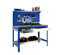 Simon Rack Banco de Trabajo Taller, Capacidad Carga 600 kg, 1445x1210x610 mm, Mesa de Trabajo, 1 Cajón, Azul/Madera - BT3