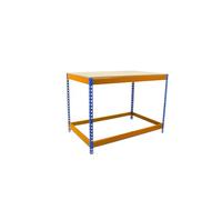 Simon Rack Banco de Trabajo Taller, Mesa de Trabajo Taller, Carga Máxima 400 kg, 900x1500x600 mm, Bricolaje, Azul/Naranja/Madera - BT-Basic
