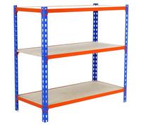 Simon Rack Estanteria Metalica, 1000x1000x300 mm, 3 Alturas, Bandeja Madera, 150 kg de Punto Flexión, Estanteria Almacenaje, Azul/Naranja/Madera - Maderclick