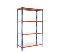 Simon Rack Estantería Metálica 1500x1000x300 mm - Simonclick | 4 Alturas, Bandeja Metal, 180 kg de Punto Flexión, Azul/Naranja/Galva, Pintura anticorrosión, Montaje sistema clic