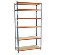 Simon Rack Estanteria Metalica, 2500x1000x300 mm, 6 Alturas, Bandeja Madera, 150 kg de Punto Flexión, Estanteria Almacenaje, Azul/Naranja/Madera - Maderclick