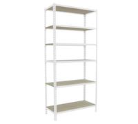 Simon Rack Estanteria Metalica, 2500x1100x300 mm, 6 Alturas, Bandeja Madera, 200 kg de Punto Flexión, Estanteria Almacenaje, Blanco/Madera - Maderclick