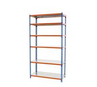 Simon Rack Estanteria Metalica, 2500x1100x400 mm, 6 Alturas, Bandeja Metal, 200 kg de Punto Flexión, Estanteria Almacenaje, Azul/Naranja/Galva - Simonclick