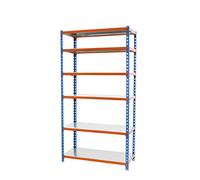 Simon Rack Estanteria Metalica, 2500x1100x500 mm, 6 Alturas, Bandeja Metal, 200 kg de Punto Flexión, Estanteria Almacenaje, Azul/Naranja/Galva - Simonclick
