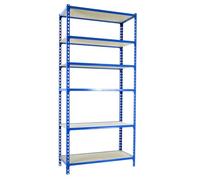 Simon Rack Estanteria Metalica, 2500x800x300 mm, 6 Alturas, Bandeja Madera, 150 kg de Punto Flexión, Estanteria Almacenaje, Azul/Madera - Maderclick
