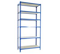 Simon Rack Estanteria Metalica, 2500x900x300 mm, 6 Alturas, Bandeja Madera, 150 kg de Punto Flexión, Estanteria Almacenaje, Azul/Madera - Maderclick