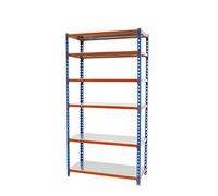 Simon Rack Estanteria Metalica, 2500x900x500 mm, 6 Alturas, Bandeja Metal, 180 kg de Punto Flexión, Estanteria Almacenaje, Azul/Naranja/Galva - Simonclick