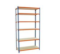 Simon Rack Estanterias Metalicas, 2500x1200x500 mm, 6 Baldas de Madera, 200 kg de Punto Flexión, Estanterias Almacenaje, Azul/Naranja/Madera - Maderclick