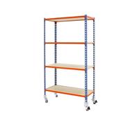Simon Rack Estanterias Metalicas con Ruedas, 1575x1000x400 mm, 4 Baldas de Madera, 75 kg de Punto Flexión, Estanterias Almacenaje, Azul/Naranja/Madera - Maderclick