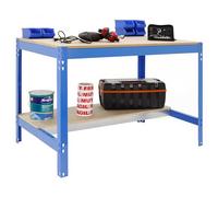 SimonRack Banco de Trabajo Taller, Capacidad Carga 600 kg, 842x1210x760 mm, Mesa de Trabajo, Azul/Madera - BT0