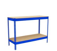 Simon Rack Banco de Trabajo Taller, Mesa de Trabajo Taller, Carga Máxima 400 kg, 900x1200x750 mm, Bricolaje, 2 Alturas, Azul/Madera - BT-BASIC