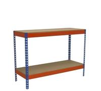 SimonRack Banco de Trabajo Taller, Mesa de Trabajo Taller, Carga Máxima 400 kg, 900x1500x450 mm, Bricolaje, 2 Alturas, Azul/Naranja/Madera - BT-Basic