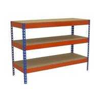 SimonRack Banco de Trabajo Taller, Mesa de Trabajo Taller, Carga Máxima 400 kg, 900x2100x450 mm, Bricolaje, 3 Alturas, Azul/Naranja/Madera - BT-Basic