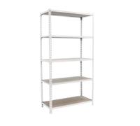 SimonRack Estanteria Metalica, 5 Baldas Madera Ajustables, 200 kg de Punto Flexión, 2000x1200x500 mm, Estantería Almacenaje, Sin tornillos, Blanco/Madera - Maderclick