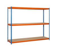 SimonRack Estantería Metálica Almacenaje, Sin Tornillos, 3 Baldas Madera, Alta Capacidad Carga 400 kg, 2000x1800x750 mm, Estantería Taller Garaje Trastero, Azul/Naranja/Madera