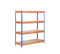 SimonRack Estantería Metálica Almacenaje, Sin Tornillos, 4 Baldas Madera, Alta Capacidad Carga 300 kg, 2000x1200x450 mm, Estantería Taller Garaje Trastero, Azul/Naranja/Madera