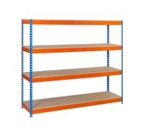 SimonRack Estantería Metálica Almacenaje, Sin Tornillos, 4 Baldas Madera, Alta Capacidad Carga 500 kg, 2000x2100x450 mm, Estantería Taller Garaje Trastero, Azul/Naranja/Madera