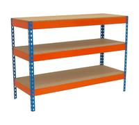 SimonRack Banco de Trabajo Taller, Mesa de Trabajo Taller, Carga Máxima 400 kg, 900x1500x750 mm, Bricolaje, 3 Alturas, Azul/Naranja/Madera - BT-Basic