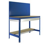 Simonrack Banco de trabajo BT2 – Capacidad 400 kg, 1445×910×610 mm, 1 cajón, azul/madera