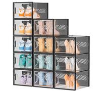 SIMPDIY XL Cajas para Zapatos Transparentes Apilables, Juego de 12, Organizador de Zapatos con Puertas de Imán y Palillos Aromáticos, Zapatero Plastico hasta Talla EU 46, Negro