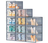 SIMPDIY XL Cajas para Zapatos Transparentes Apilables, Juego de 12, Organizador Zapatos con Puertas de Imán y Palillos Aromáticos, Zapatero Plastico hasta Talla EU 46, Gris