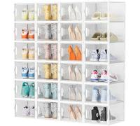 SIMPDIY XL Cajas para Zapatos Transparentes Apilables, Juego de 24, Organizador de Zapatos con Puertas de Imán y Palillos Aromáticos, Zapatero Plastico hasta Talla EU 46, Blanco