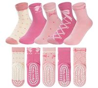 Simpeak 5 Pares Calcetines Niña de Algodón - Antideslizantes ABS, Cómodos y Suaves, Respirable Elástico, Lindos Divertidos Calcetines Deporte con Diseño de Lazo Rosa para Niñas de 6-8 Años