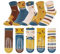 Simpeak 5 Pares Calcetines Niños de Algodón - Antideslizantes ABS, Cómodos y Suaves, Respirable Invierno Divertidos Deportivos Calcetines con Diseño de León Amarillo para Niños Niñas de 9-12 Años