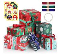 Simpeak Papel De Regalo Navidad, 6 Hojas 70 x 50 cm Papel Regalo Cumpleaños con Cintas y Pegatinas - 6 Patrones Diferentes con Temas Navideños Papel Para Envolver para Navidad