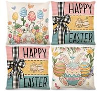 Simpeak Paquete de 4 fundas de almohada de Pascua, 45 x 45 cm, fundas de cojín decorativas de lino, fundas de cojín de sofá de 18 x 18 pulgadas, decoraciones de conejo de huevo para sofá, silla