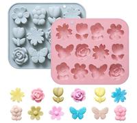 Simpeak Set de 2 Moldes de Silicona con Diseños de Flores y Mariposas, 12 Cavidades para Chocolate, Turron, Dulces y Gelatina, Colores Rosa y Azul, Herramientas de Repostería y Manualidades