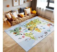 SIMPEX Alfombra Infantil Azul 120x170 cm Mapa del Mundo con Animales Diseño Moderno Antideslizante Lavable Suave Antialérgica Habitación