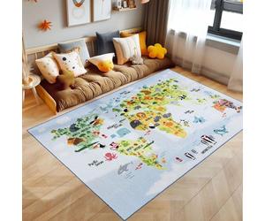SIMPEX Alfombra infantil, diseño de mapa del mundo con diseño de animales, color azul, 120 x 170 cm, para habitación infantil, sala de juegos, habitación de bebé, habitación juvenil