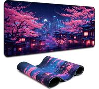 Simpkeely Fantasy Night City - Alfombrilla de mouse para juegos, luz negra, edificios residenciales japoneses, paisaje, neón, grande, impermeable, reactiva a los rayos UV, base de goma antideslizante