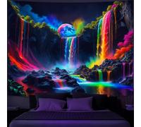 Simpkeely Tapiz de Cascada Fantástica Planetaria con Luz Negra, Tapiz de Naturaleza UV Reactivo, Paisaje Neón con Montañas y Olas para Colgar en la Pared - 150 x 200cm