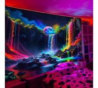 Simpkeely Tapiz de Cascada Fantástica Planetaria con Luz Negra, Tapiz de Naturaleza UV Reactivo, Paisaje Neón con Montañas y Olas para Colgar en la Pared - 180 x 300cm