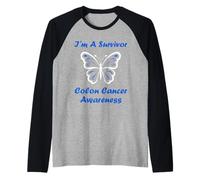 Simple Blue Butterfly I'm a Survivor Colon Cancer Awareness Camiseta Manga Raglan