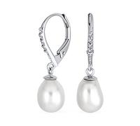 Simple Danity Bridal Pave Cz Blanco Cultivado Freshwater Pearl Lágrima Pendientescolgantes Para Las Mujeres Novia .925 Plata De Ley Pave Palanca De Nuevo