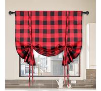 Simple Deluxe Adjustable Tie Up Shade & Curtains for Kitchen Windows, Buffalo Check Plaid Farmhouse Thermal Insulated Blackout Room Darkening Curtain, 42" W x 63" L, Black and Red