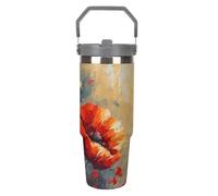 Simple Flower - Vaso de 880 ml con diseño de pintura al óleo con pajilla, taza de viaje de acero inoxidable aislada con diseño de asa, taza de café al vacío de doble pared, tapa a prueba de fugas