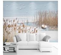 Simple Jardín Junto Al Mar Juncos Pájaros Paisaje 3D Papel Pintado Pared Fácil Instalación Oficina Sala Estar Sofá Dormitorio TV Fondos Decoración-300cm×210cm