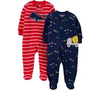 Simple Joys by Carter's 2-Pack 2-Way Zip Cotton Footed Sleep and Play Duermen para bebés y niños pequeños, Azul Marino Camiones/Rojo Ballena, Prematuro (Pack de 2)
