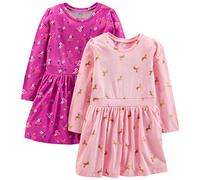 Simple Joys by Carter's 2-Pack Long-Sleeve Dress Set Vestido Informal, Carmín Unicornio/Rosa Oscuro Floral, 3 años (Pack de 2) para Niñas