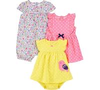Simple Joys by Carter's 3-Pack Romper, Sunsuit and Dress Infant Toddler-Rompers, Amarillo Pájaro/Blanco Floral/Rosa Lunares, 24 Meses (Pack de 3) Bebé Niñas