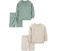 Simple Joys by Carter's 4-Piece French Terry Long-Sleeve Shirts and Shorts Playwear Set Conjuntos de Ropa de Juego, Beige Rayas/Verde Botella, 6 años (Pack de 4) para Niños